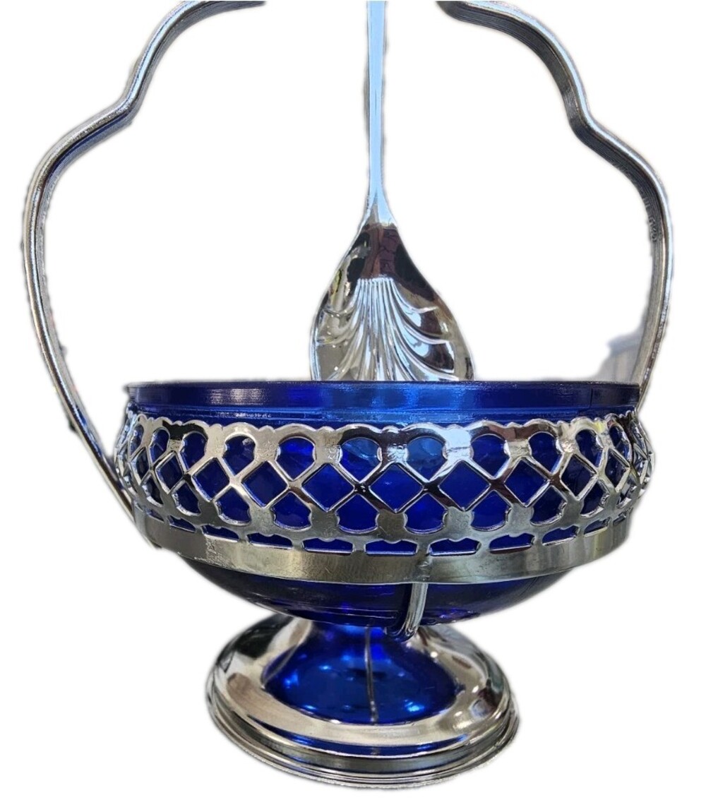 Vintage Cobalt Blue Glass Sugar Bowl Resting in Stainless Steal Basket